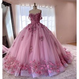 Roze handgemaakte bloemen van de schouder Quinceanera jurken baljurk bloemen appliques kanten korset voor zoete 15 meisjes feest