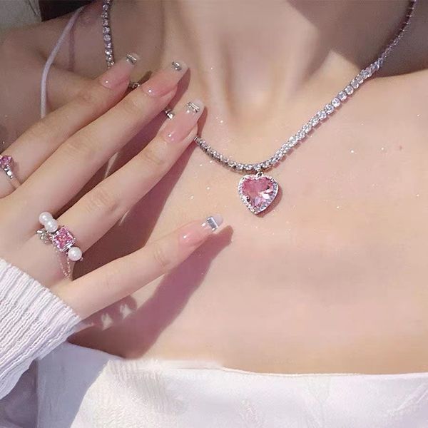 Collier pendentif coeur rose pour femmes amoureux strass clavicule chaîne Chocker femme mignon cristal pierre de lune bijoux cadeaux en gros YMN028