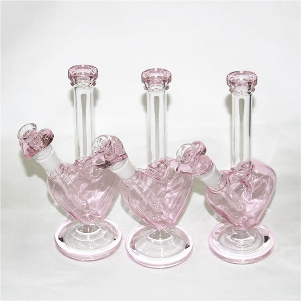 forme de coeur rose Bong Narguilé 9 pouces Recycler Conduites D'eau 14mm Femelle Joint Huile Dab Rigs Avec Coeur Bol Bongs En Verre