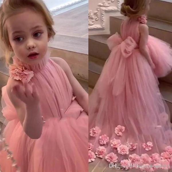 Pink High Low Flower Girls Vestidos para bodas y fiestas Cuello alto Flores 3D Big Bow Toddler Pageant Dress Tulle Kids Prom Gowns193f