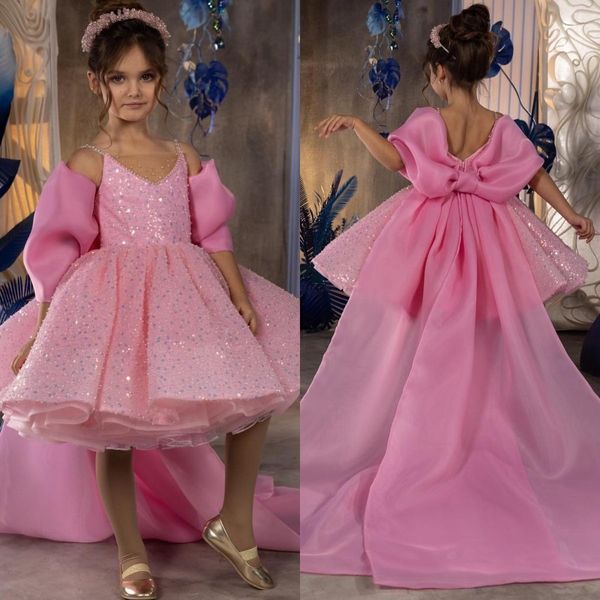 Robes de filles basse fleures roses paillettes paillettes de concours de fille de concours