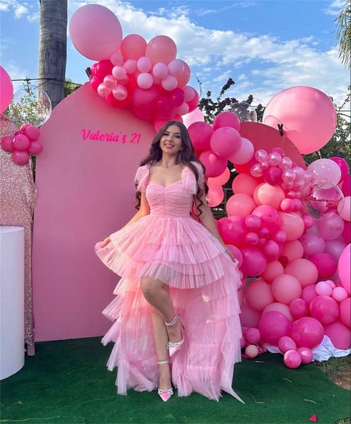 Vestidos de fiesta de color rosa, altos y bajos, para cumpleaños, escote en forma de corazón, pajarita, vestido de fiesta con tirantes, volantes, frente, espalda corta, vestido largo para ocasiones especiales para mujer