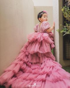 Rose Haut Bas Paillettes Robes De Fille De Fleur Pour Le Mariage Couches Tulle Enfants Fête Filles Pageant Robes D'anniversaire Photoshoot Pour Fotos