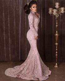 Roze Hoge Hals Lange Mouwen Mermaid Prom Dresses 2020 Full Lace Avondjurk Sweep Trein Rits Terug Formele Jurken Vestidos de Gala