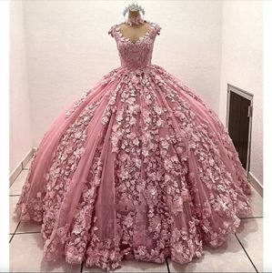 Roze hoge nek quinceanera jurken dop mouw kanten bloem Mexicaanse 3d bloemen zoet 15 jurken gezwollen rok vestidos 16 anos