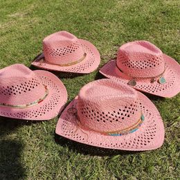 Pink Hollow Weave Cowboy Hat Straw Hat Star Jazz Straw Hat Panama Paper Grass Grass Western Hoed Fashion Travel Hat Groothandel 240510