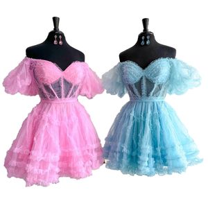 Robe de bal rose 2k23 courte Hoco à volants manches ballon Corset transparent Drame Graduation Cocktail Invité de mariage Club de vacances Black-Tie Gala Bleu clair