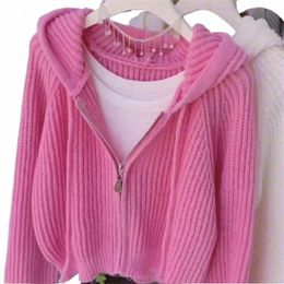 Cardigan tricoté à capuche rose pour l'automne des femmes nouveau design ample et élégant rayé pull court veste à glissière pardessus blanc e4qd #