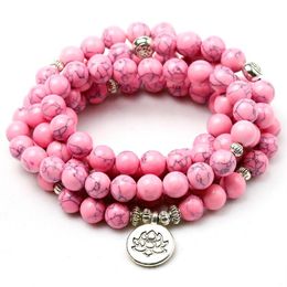 Howlita rosa piedra curación Chakra 108 cuentas de oración Mala pulsera mujer joyería muñeca OM budista Buda encanto pulseras 292J