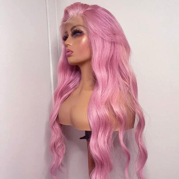 Pelucas de cabello humano rosa Onda larga del cuerpo Peluca de encaje de color transparente HD Pre arrancada con bebé para mujeres