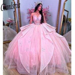 Vestidos De quinceañera De cristal con cuentas De ilusión rosa vestido De baile sin tirantes falda desmontable apliques dulces 15 Vestidos De XV Anos