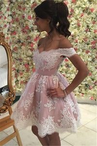 Roze Ivory Lace V-hals Homecoming Jurken Elegant voor meisjes Jurk Plus Size Applique met korte mouwen Goedkope Prom Party Avondjurkjurken