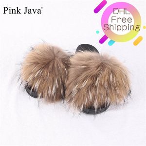 Roze Java QC1802 Nieuwe zomer damesschoenen Echte wasbeer bont slipper luxe indoor dia's Fluffy big wasbeer sandalen 210301