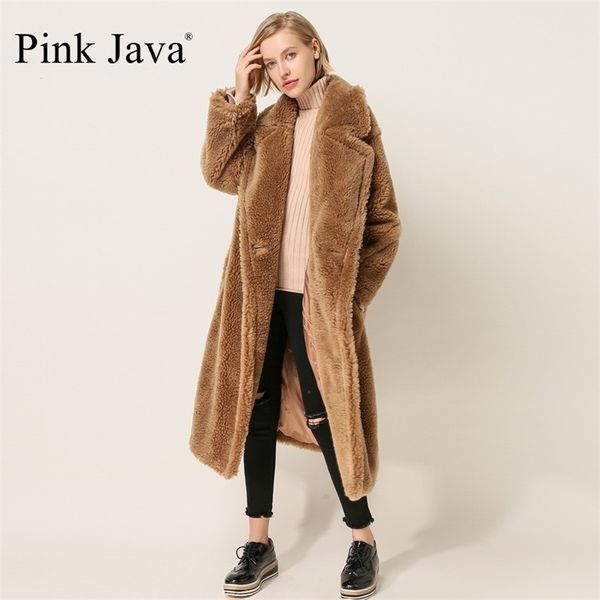PINK JAVA QC1848 recién llegado, envío gratis, abrigo de piel de oveja real, abrigo de peluche de camello de estilo largo, abrigo de invierno de talla grande para mujer 201215