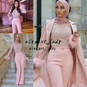 Roze Jumpsuit Prom Jurken Moslim Midden-Oosten Luxe Bead Top Feather Volledige Mouw Outfit Broek Avond Draagt ​​Groos de Soirée