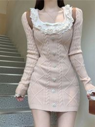 Roze Kawaii Gebreide Jurk Vrouwen Kant Vintage Elegante Trui Mini Jurk Vrouwelijke Koreaanse Mode Ontwerper Zoete Jurk 2024 231228