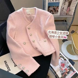 Rose coréen tweed veste en tweed femmes luxe printemps automne rond du cou manteau conception de conception dames bureau