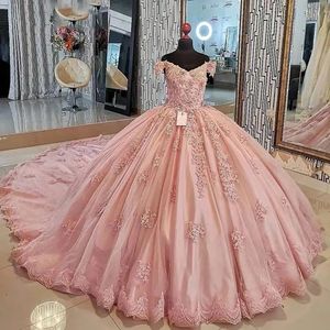 Roze kanten applique quinceanera jurken baljurk uit schouder maskerade Mexicaanse 15 -jarige zestien zoete 16 prom -jurk