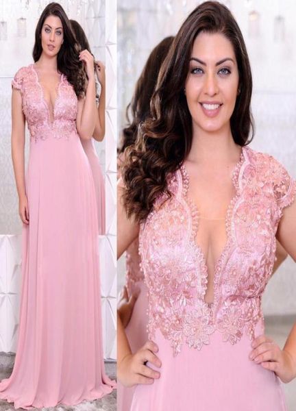 Apliques de encaje rosa Vestidos de noche de talla grande Cuello en V profundo Con cuentas Una línea Vestidos de fiesta Barato Hasta el suelo Cintura imperio Gasa Formal 8392109