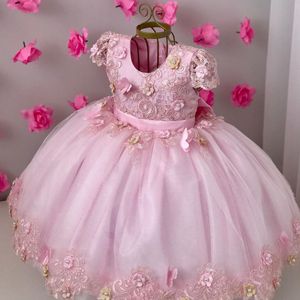 Robe à balle en dentelle Robes de fille de fleur sans dos pour mariage 3D appliquée en tout-enfant perlé pour tout-petit robes