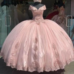 Roze kanten ball jurk prom jurken jurken uit schouderprinses meisjes zoet 16 jurk rug junior prom jurken op maat gemaakte plus maat
