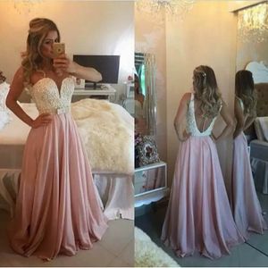roze kanten kralen formele lange prom jurk illusie parels elegante optocht boog prom jurk doorzien door feestvrouwjurken