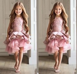 Roze kanten blush meisjes jurken prinses applique gelaagde tule plooien meisje's optocht feestjurken ritssluiting achterste knie lengte goedkoop