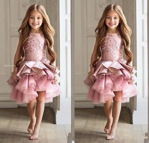 Roze kanten blush meisjes jurken prinses applique gelaagde tule plooien meisje's optocht feestjurken ritssluiting achterste knie lengte goedkoop