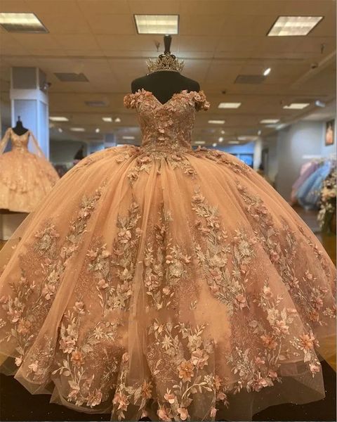 Rose en dentelle rougir quinceanera robes de bal vestido de débutante para 15 anos au large de l'épaule princesse 2024 floral applique mis quince butante