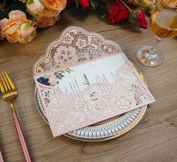 Invitación de boda de flor de encaje rosa con sobre, tarjetas de felicitación con impresión personalizada y plegado DIY para fiesta de quinceañera de despedida de soltera8694729