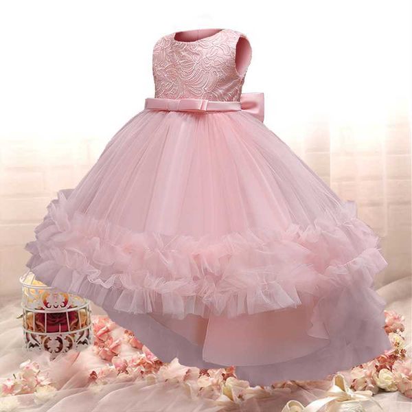 Robe de princesse en dentelle rose pour filles, pour mariage, soirée formelle, sans manches, longue queue, broderie, robes de concours, Q0716