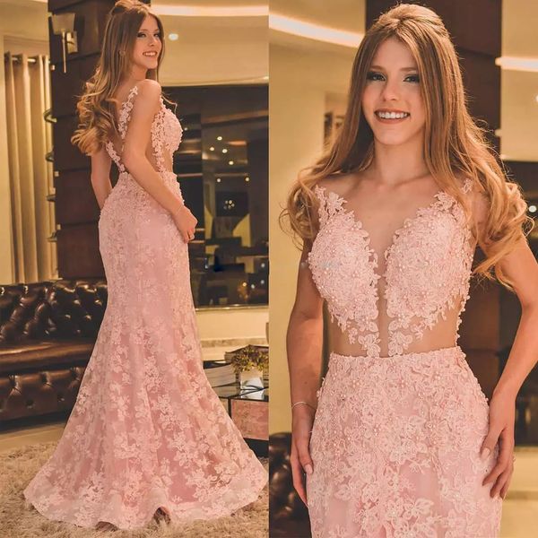 Robe de soirée en dentelle rose, effet d'illusion, avec des Appliques en dentelle et des perles, style sirène, dos transparent, trompette, robes de bal