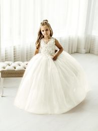 Vestido de novia de encaje rosa para niñas, vestidos de dama de honor de noche de primera comunión, vestido de fiesta de princesa para niñas con cuello en V MC2309