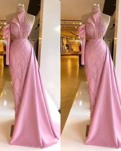 Roze Kant Plus Size Arabische Aso Ebi Stijlvolle Sexy Prom Jurken Kralen Hoge Hals Avond Formele Partij Tweede Receptie Jurken Jurk