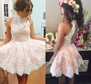 Roze kant korte cocktail jurken 2016-2017 hoge hals mouwloze applicaties kant satijn open rug korte prom jurken homecoming jurken