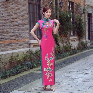 Roze dame feestjurk oosterse dames cheongsam Chinese stijl elegante lange qipao sexy slanke trouwjurken vestidos xs-3xl etnische kleding