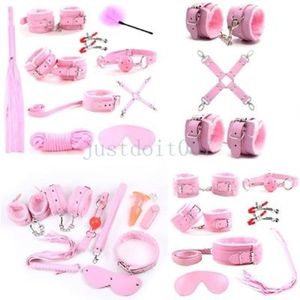 Ensemble de reliure en cuir rose Bondage Restraint Flirter Menottes Collier Fouet Menottes Chambre pour les préliminaires sexuels