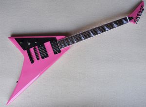 Guitarra eléctrica rosa en forma de V para mano izquierda con pastillas HH, diapasón de palisandro