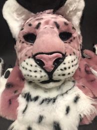 Roze luipaard mascotte kostuum realistische luipaard fursuit head en paws