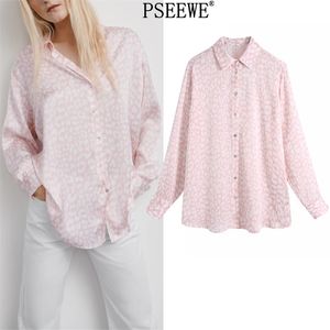 Roze luipaard print satijn shirt vrouwen lente vintage lange mouw chique vrouw blouse casual button up vrouw 210519