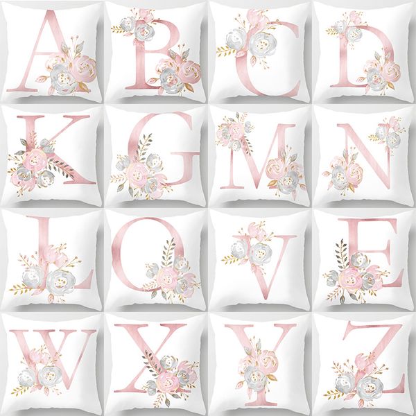 Housse de coussin décorative avec lettres roses, taie d'oreiller en peau de pêche pour décoration de fête de mariage, pour canapé, w-01286