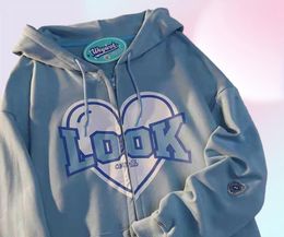 Lettre rose graphique kawaii harajuku sweatons femmes punk bleu emo alt sweat-shirt zip up usesthetic indie y2k coréen mode vêtements 9859207