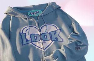 Rose lettre graphique Kawaii Harajuku sweats à capuche femmes bleu Punk Emo Alt sweat zippé esthétique Indie Y2k mode coréenne vêtements3321957