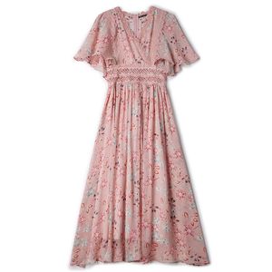 Roze lichtgroen floral print chiffon kant rand Empire jurk v-hals elegante vrouwen strand zomer D1571 210514