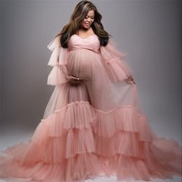 Pink Light Emberant Women's Prom Dresses 2022 Bropas de maternidad para una sesión de fotos Véase a través de pliegues de fotografía larga gráfica Graphy