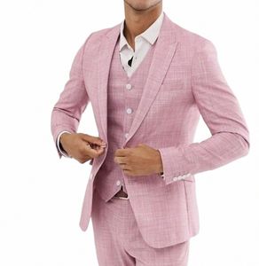 Costumes de mariage d'été en lin rose pour hommes Slim Fit Fi Tuxedos de marié personnalisé 3 pièces veste + pantalon + gilet Terno Masculino F9GL #