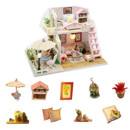 Roze loft mooie poppenhuis miniatuur DIY poppenhuis met tuin en meubels houten huis speelgoed voor kinderen verjaardagscadeau HD005 201217