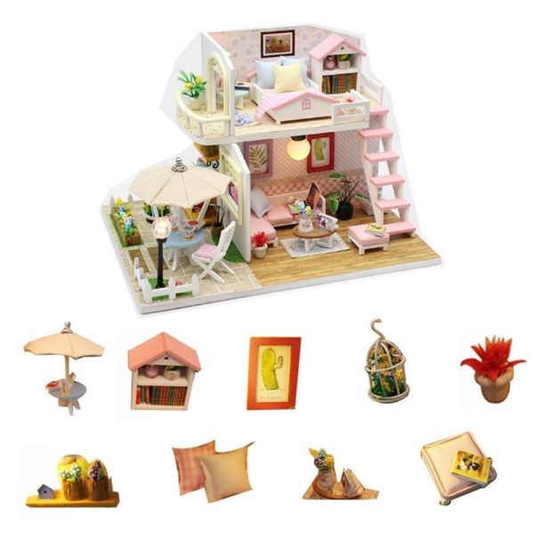 Casa de muñecas en miniatura de la casa de muñeca de loft rosado con jardín y muebles de madera de madera para niños regalo de cumpleaños HD005 201217