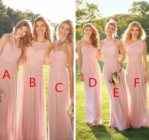 Roze Lange Bruidsmeisjekleding Gemengde Hals Chiffon Zomer Kant Formele Prom Party Bruidsmeisje Jurken Plus Size Op Maat Gemaakt