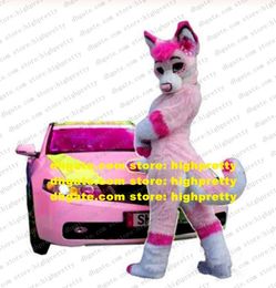 Costume de mascotte de chien Husky en fourrure longue rose, Costume de renard et de loup, personnage de dessin animé pour adulte, activité de société, parc d'attractions zz7681